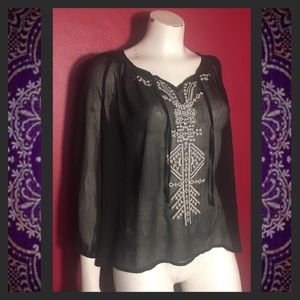 Sheer black boho tunic blouse w/ white embroidery
